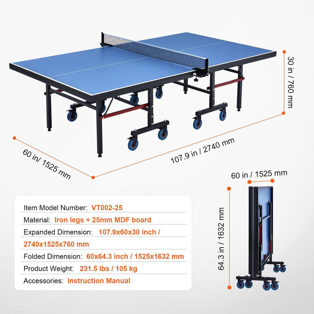 Ping Pong Table, Professional Table Tennis Game, Indoor MDF Portable Table Tennis Table, Foldable Ping Pong Table with Quick Clamp Net and Lockable Wheel, 10 Minute Easy Assembly, 25mm Tabletops