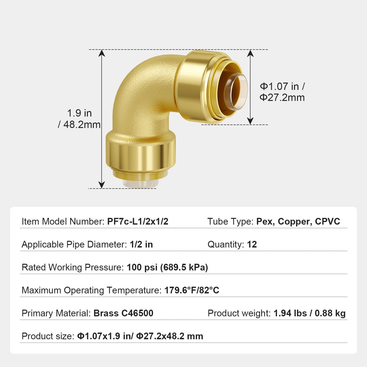 Pipe Fittings, 1/2" 12PCS Brass Pipe Fittings, Elbow Push-Fit Pipe Connector Brass Air Fittings, Heavy Duty Plumbing Fittings Adapter for Heating/Shower Systems, Water Pipes