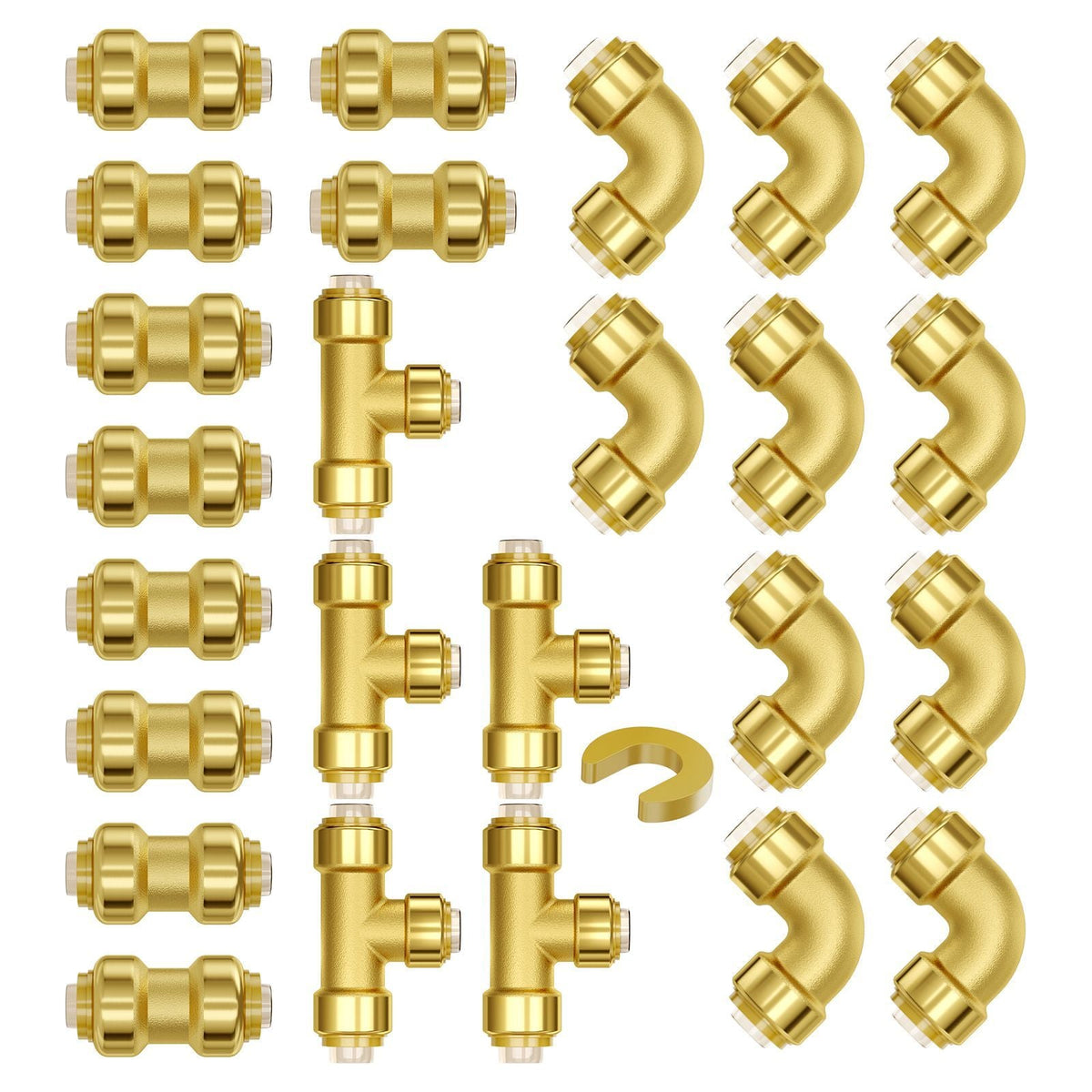 Pipe Fittings, 1/2" 25PCS (10xStraight, 10xElbows, 5xTees) Brass Pipe Fittings, Push-Fit Pipe Connector Brass Air Fittings, Plumbing Fittings Adapter for Heating/Shower Systems, Water Pipes