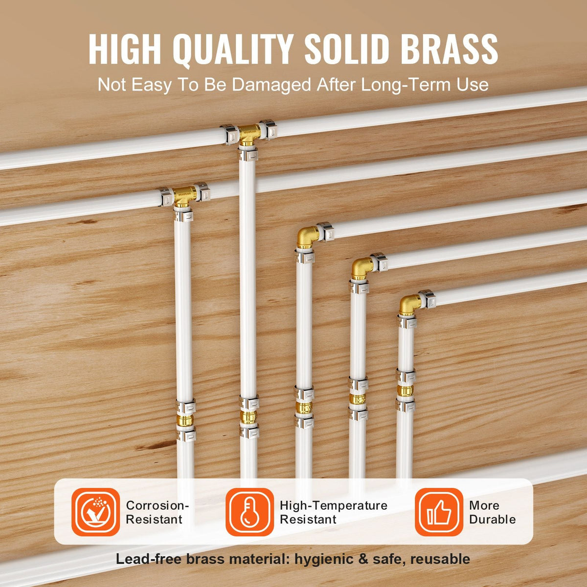 Pipe Fittings, 1/2" 45PCS (15xStraight, 15xElbows, 15xTees) Brass Pipe Fittings, Push-Fit Pipe Connector Brass Air Fittings, Plumbing Fittings Adapter for Heating/Shower Systems, Water Pipes