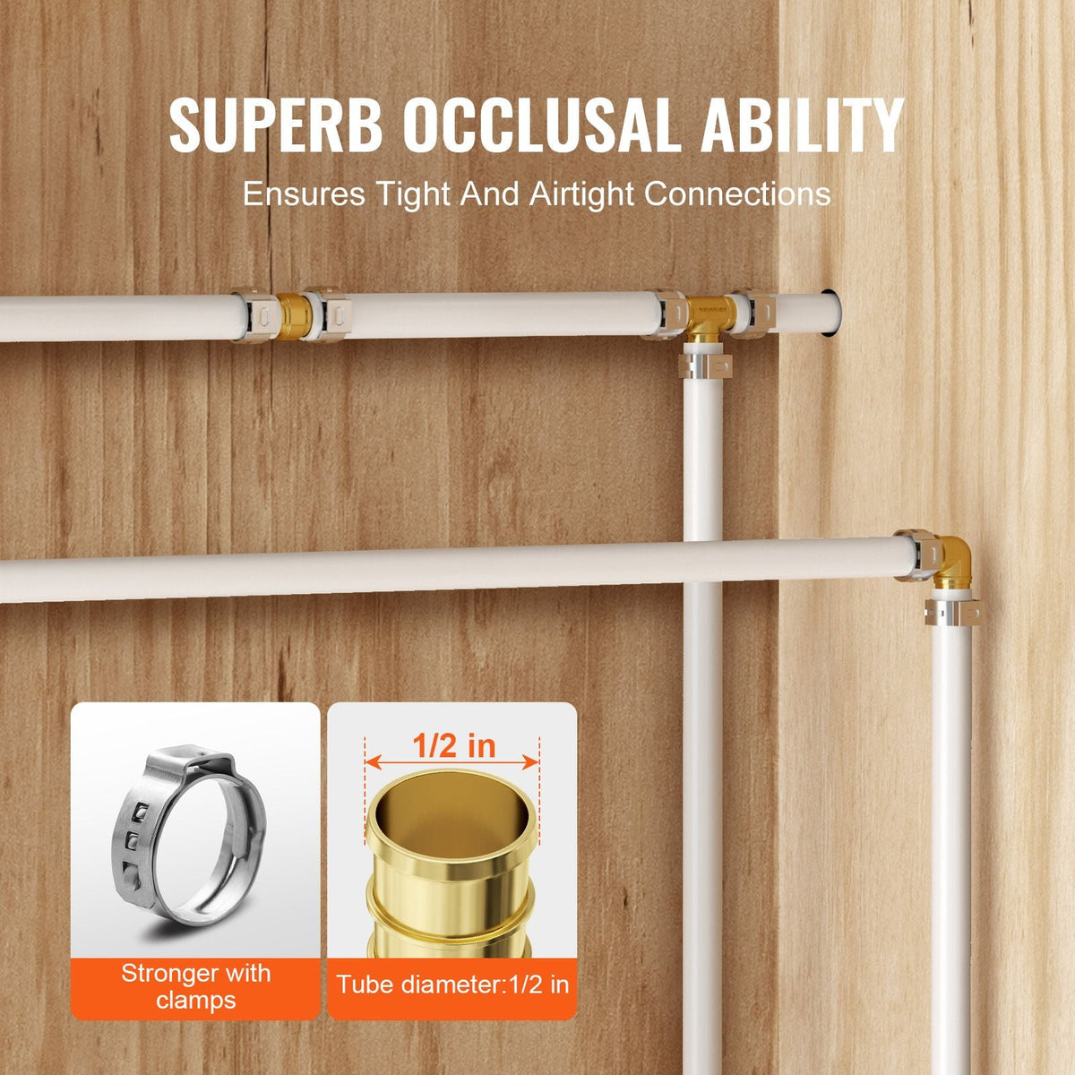 Pipe Fittings, 1/2" 45PCS (15xStraight, 15xElbows, 15xTees) Brass Pipe Fittings, Push-Fit Pipe Connector Brass Air Fittings, Plumbing Fittings Adapter for Heating/Shower Systems, Water Pipes