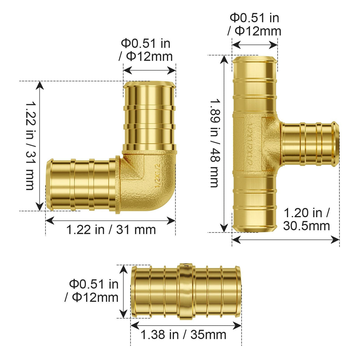 Pipe Fittings, 1/2" 45PCS (15xStraight, 15xElbows, 15xTees) Brass Pipe Fittings, Push-Fit Pipe Connector Brass Air Fittings, Plumbing Fittings Adapter for Heating/Shower Systems, Water Pipes