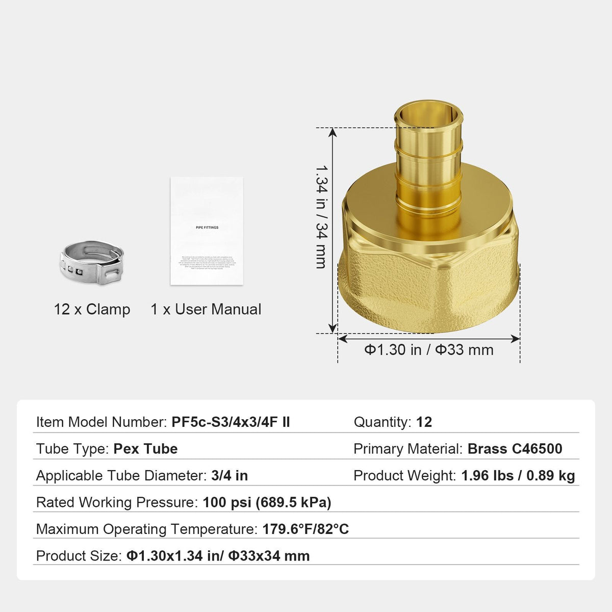 Pipe Fittings, 3/4" 12PCS Brass Pipe Fittings, Clamp-style 3/4 NPT Pipe Connector Brass Air Fittings, Heavy Duty Plumbing Fittings NPT Adapter for Heating/Shower Systems, Water Pipes