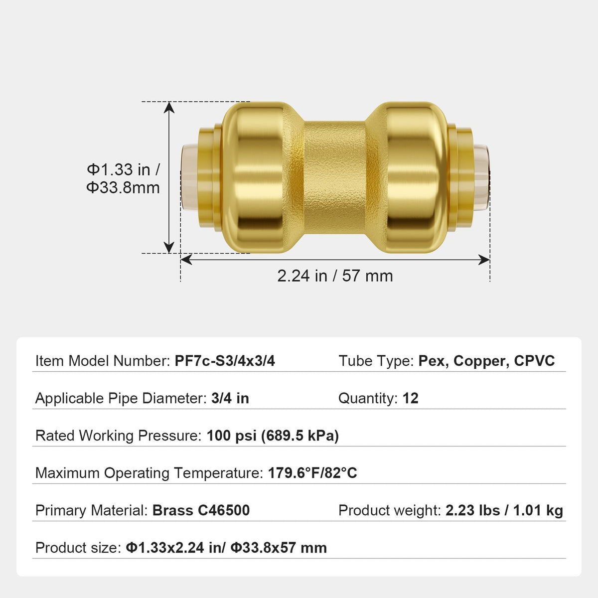 Pipe Fittings, 3/4" 12PCS Brass Pipe Fittings, Straight-Through Push-Fit Pipe Connector Brass Air Fittings, Heavy Duty Plumbing Fittings Adapter for Heating/Shower Systems, Water Pipes
