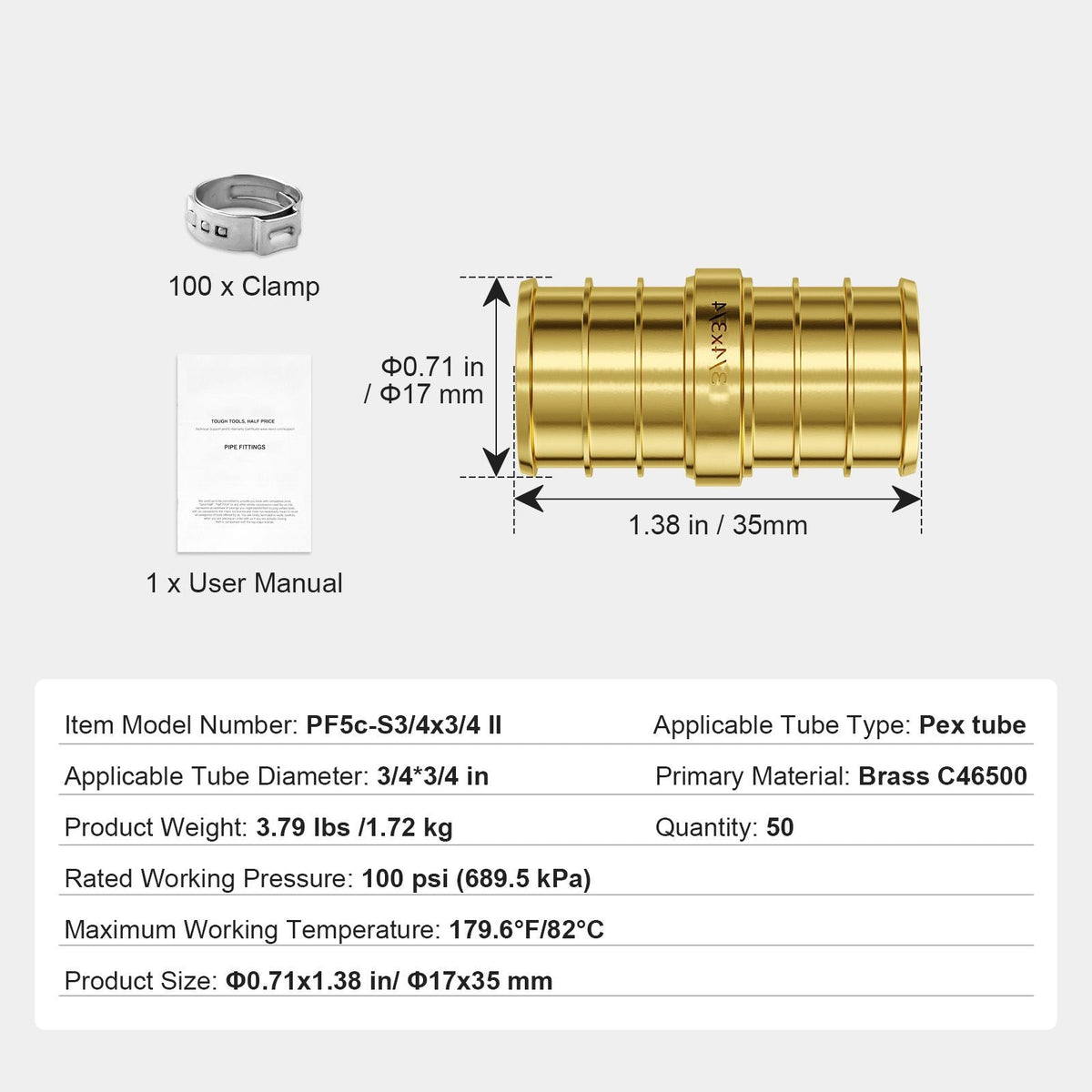 Pipe Fittings, 3/4" 50PCS Brass Pipe Fittings, Clamp-style Straight-Through Pipe Connector Brass Air Fittings, Heavy Duty Plumbing Fittings Tube Adapter for Heating/Shower Systems,Water Pipes