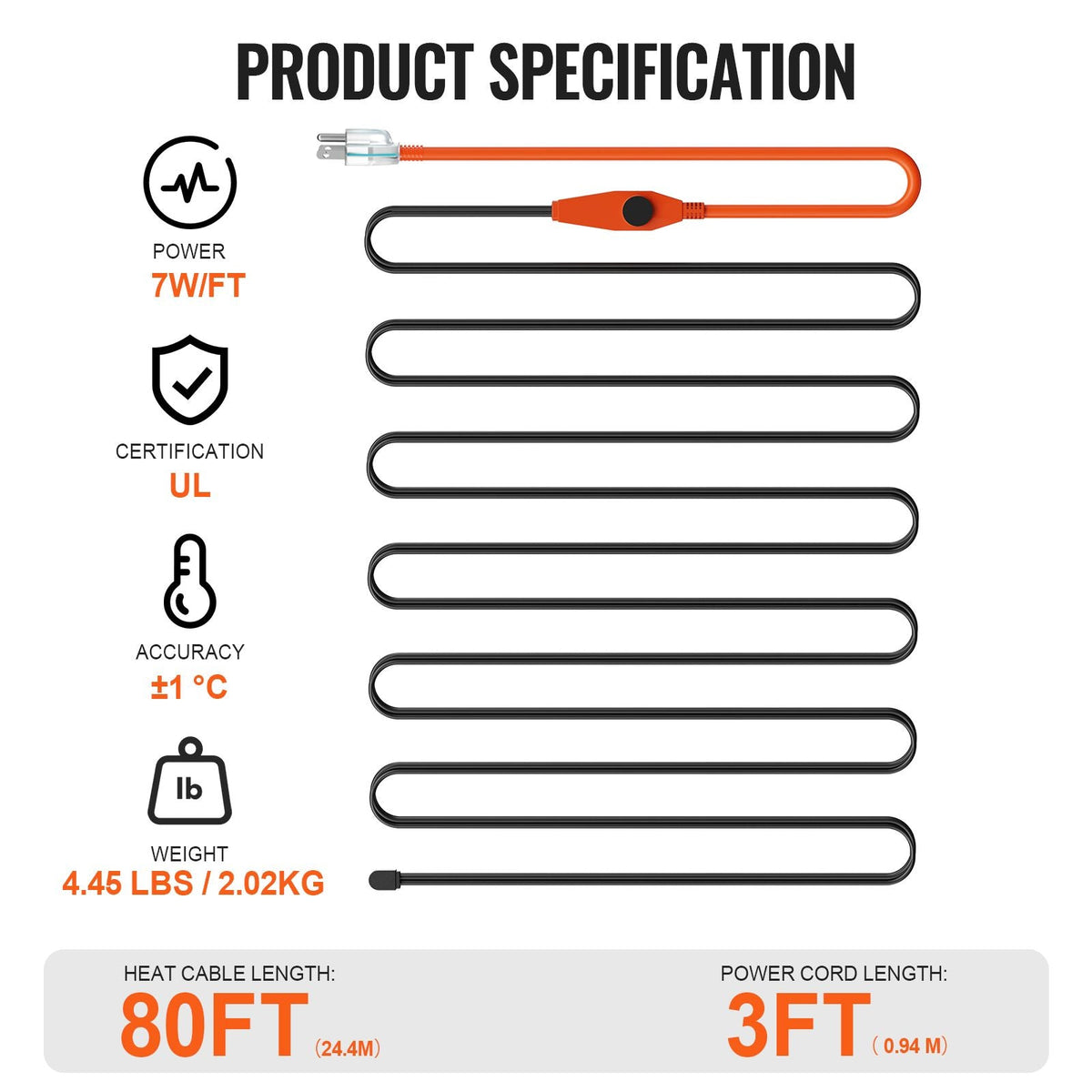 Pipe Heating Cable, 80FT 7W/FT Heat Tape for Pipes with Built-in Thermostat, Water Pipe Heat Cable Protects PVC Hose, Metal and Plastic Pipe from Freezing