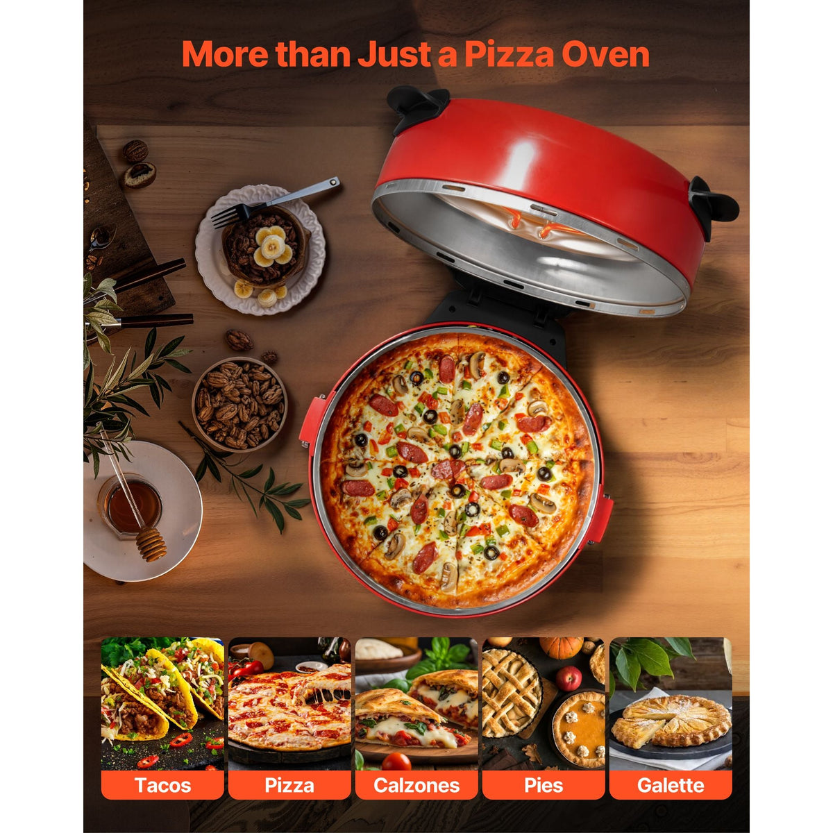 Pizza Oven, 14 in Electric Pizza Maker, 1600W Electric Pizzas Cooker with Cordierite Stone, 5-Mode Temperature Control, Viewing Window for Precise Cooking, Heats up to 698 ˚F, for Home Kitchen