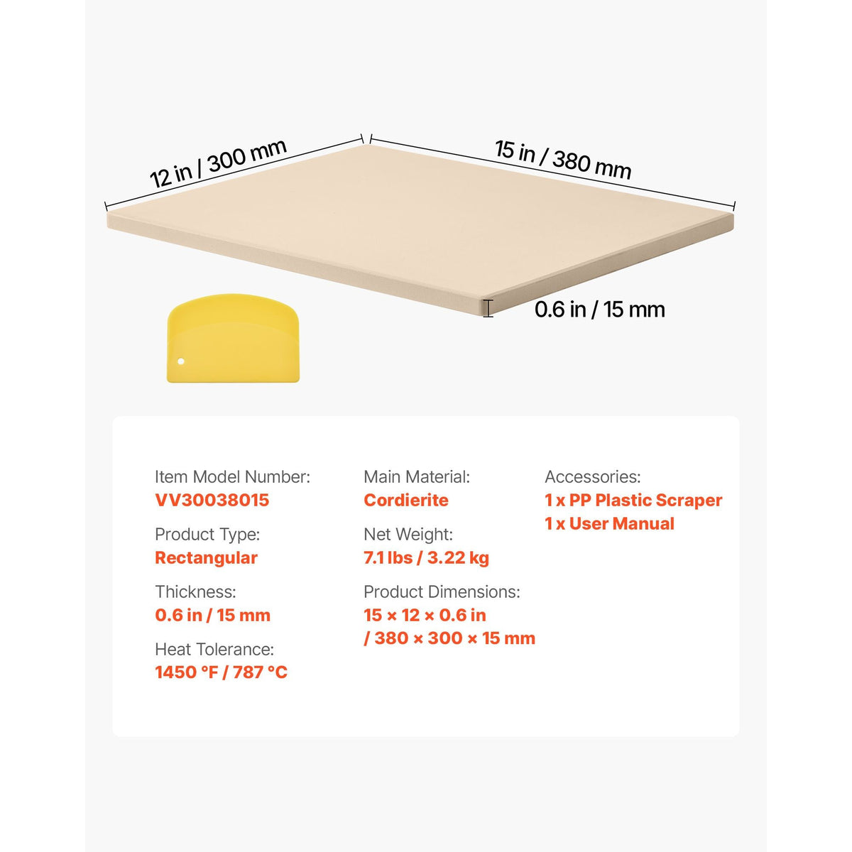 Pizza Stone, 15 x 12 in Rectangular Cordierite Pizza Stone, Extra Large Baking-Stone with Scraper, 0.6 in Thick Heat-Resistant Cordierite, for Kitchen Oven, Baking Bread & Pizzas, BBQ Grilling