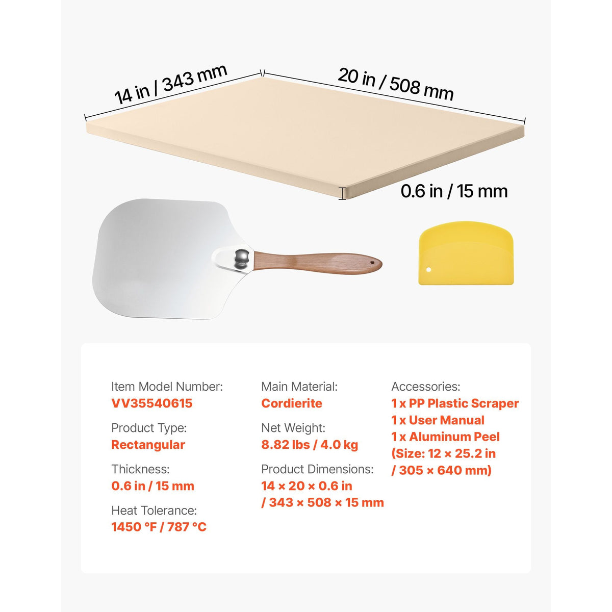 Pizza Stone, 20 x 14 x 0.6 in Rectangular Cordierite Pizza Stone, 1450Fahrenheit Heat-Resistant Cook Stone, Extra Large Baking-Stone with Metal Peel, Scraper, for Kitchen Bake Oven, BBQ Grill