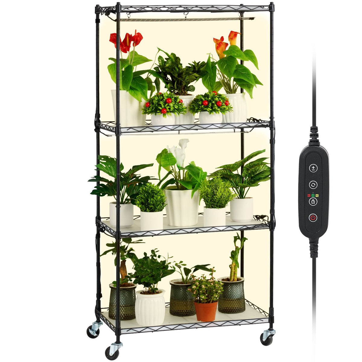 Plant Stand with Grow Light, 4-Tier Plant Shelf with 45W Full Spectrum Grow Light, 3 Mode Plant Light with Timer and Wheel for Seed Starting, Metal Grow Light Shelf for Indoor Plants
