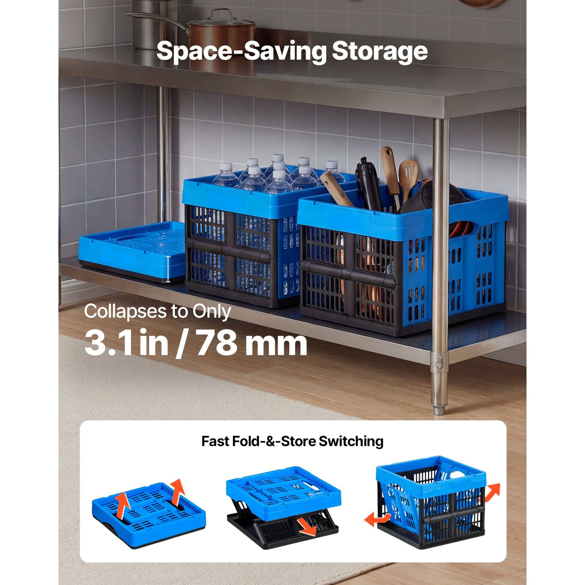 Plastic Collapsible Storage Bins, 25L 3 Packs, Stackable Folding Storage Crates with Handles, Holds 22 lbs Per Bin, Foldable Heavy Duty Containers, Space-Saving Baskets, for Home Organizing