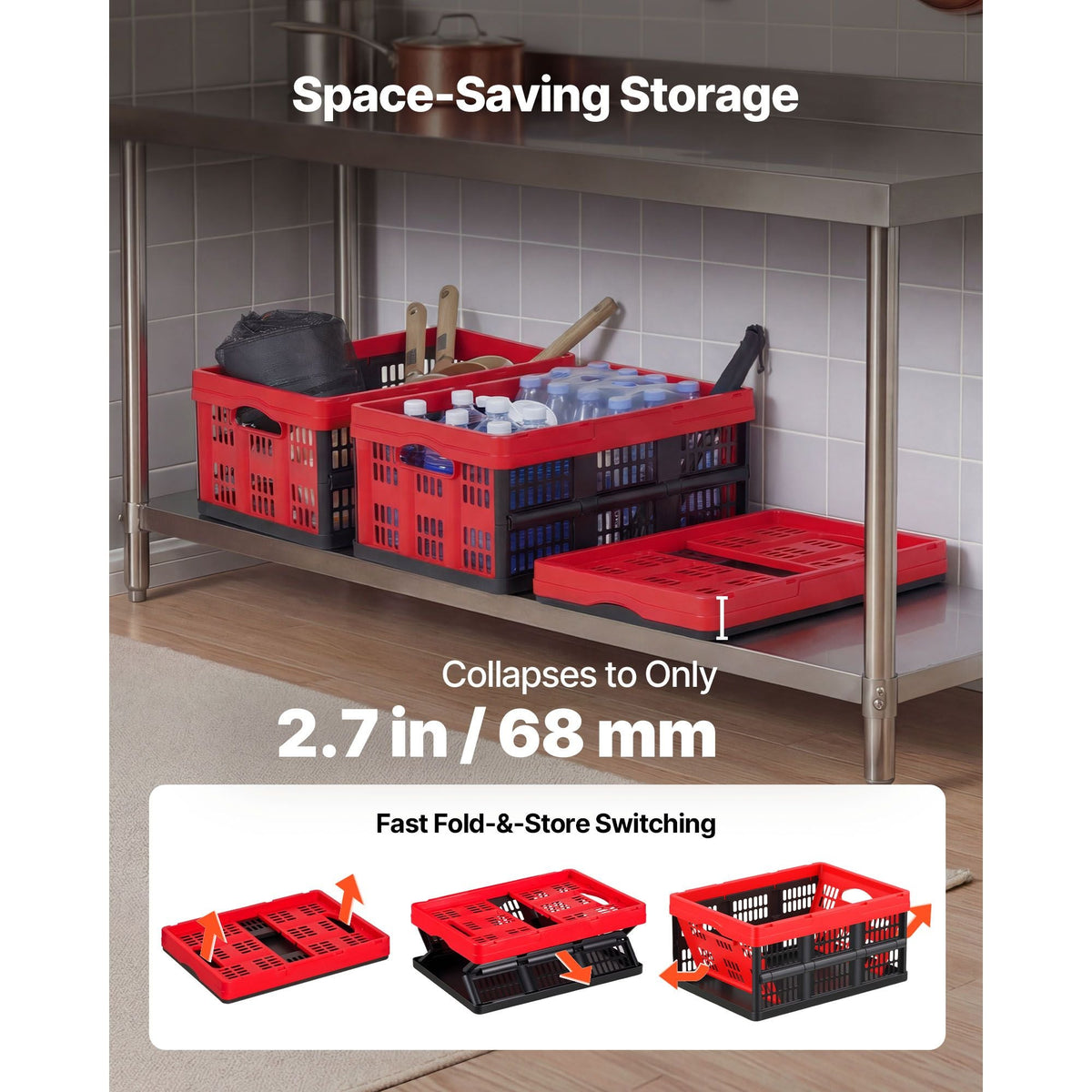 Plastic Collapsible Storage Bins, 32L 3 Packs, Stackable Folding Storage Crates with Handles, Holds 26 lbs Per Bin, Foldable Heavy Duty Containers, Space-Saving Baskets, for Home Organizing