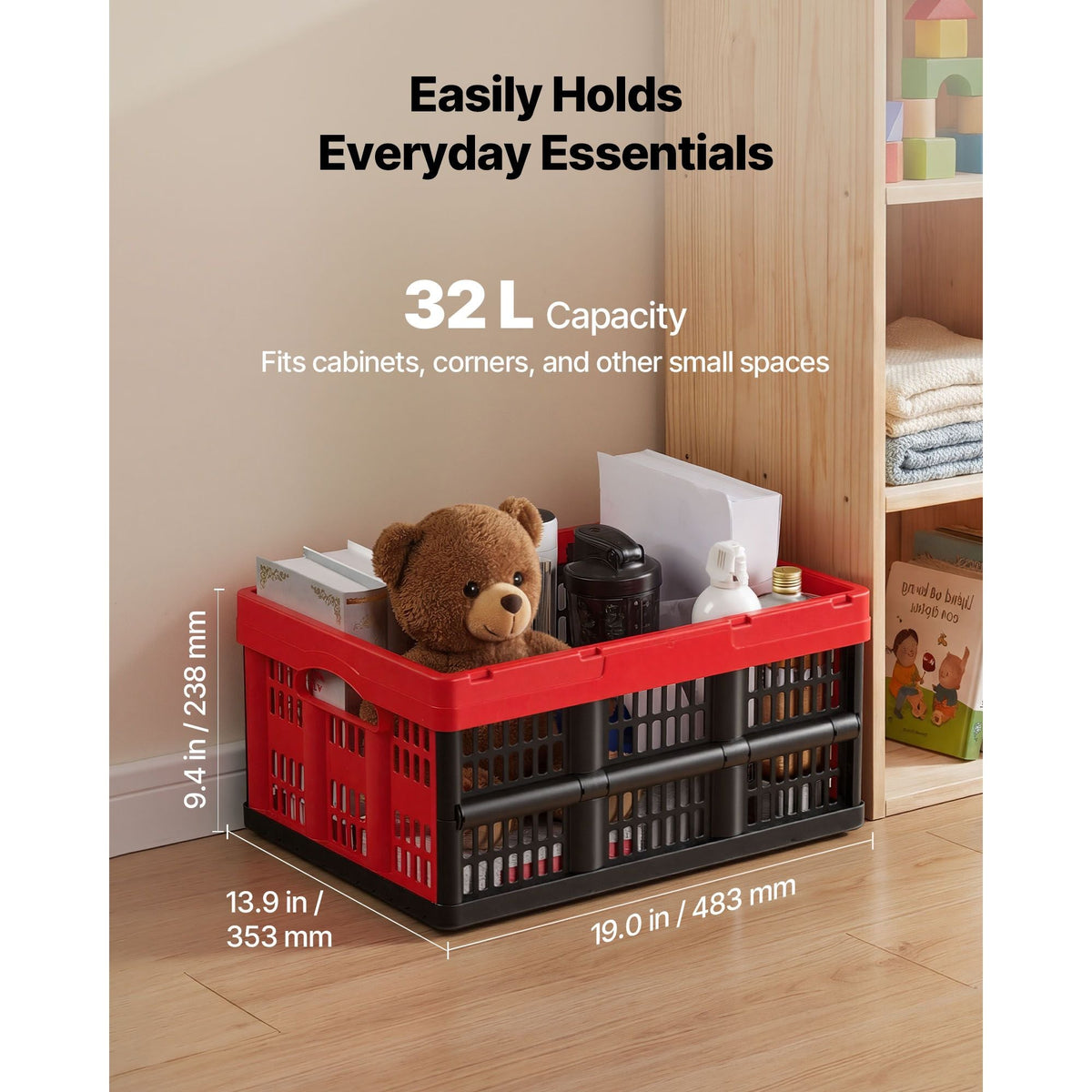 Plastic Collapsible Storage Bins, 32L 3 Packs, Stackable Folding Storage Crates with Handles, Holds 26 lbs Per Bin, Foldable Heavy Duty Containers, Space-Saving Baskets, for Home Organizing