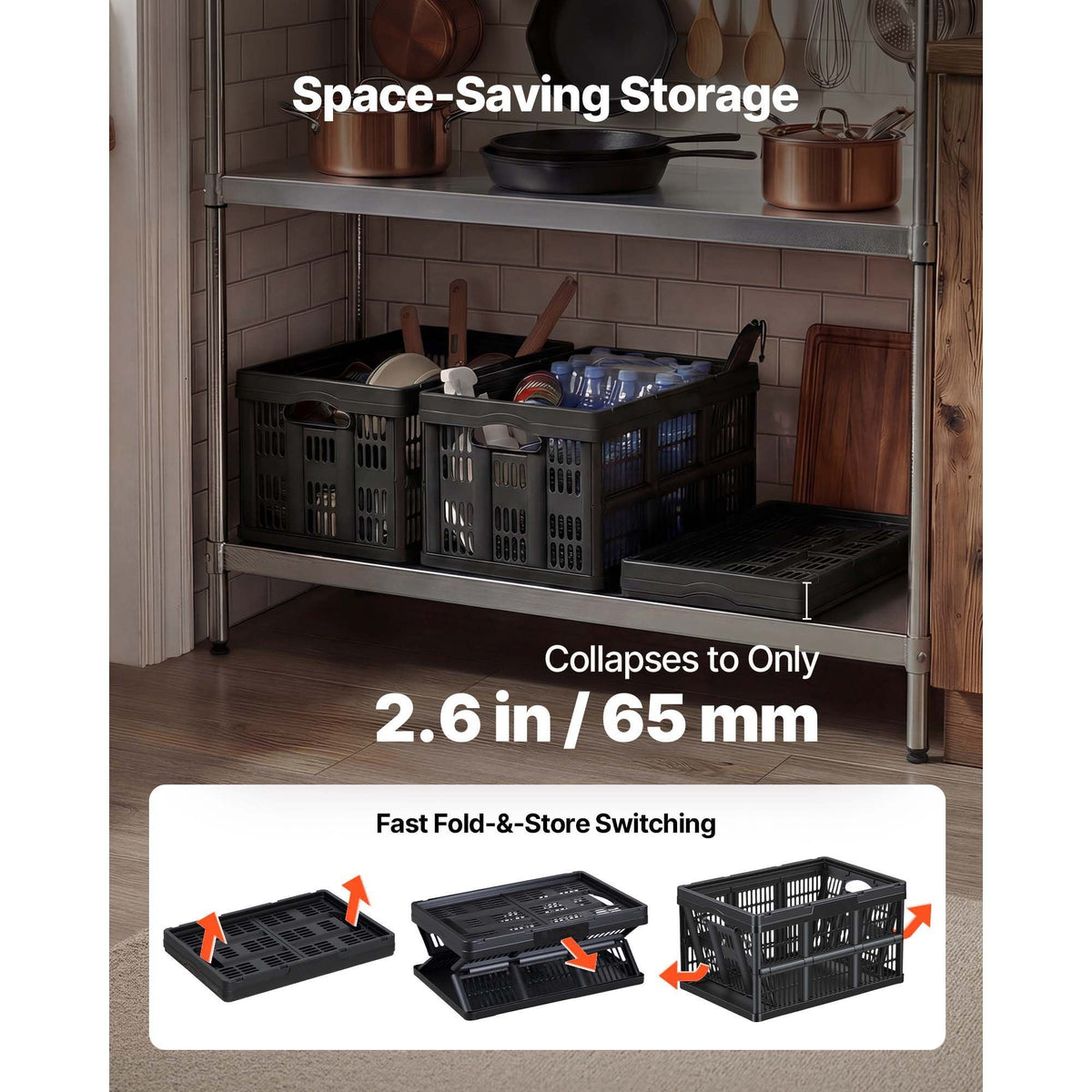 Plastic Collapsible Storage Bins, 45L 3 Packs, Stackable Folding Storage Crates with Handles, Holds 33 lbs Per Bin, Foldable Heavy Duty Containers, Space-Saving Baskets, for Home Organizing