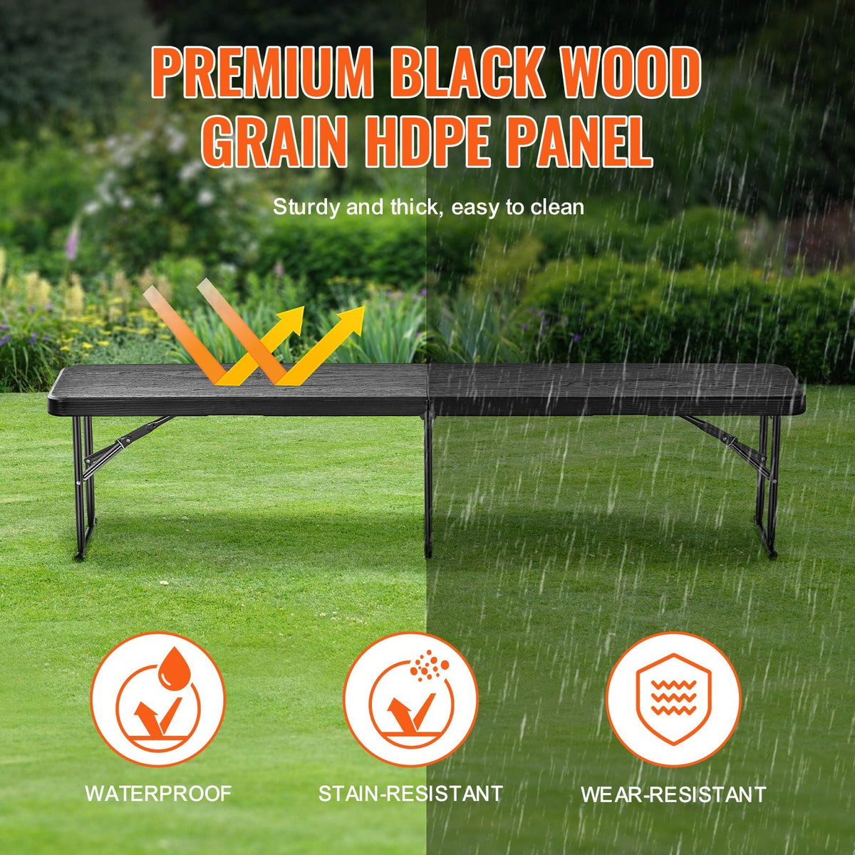 Plastic Folding Bench, 6 ft Portable Bench for Indoor/Outdoor Picnic Party Patio Camping Dining, Foldable Smooth HDPE Seat for Garden Soccer Multipurpose Entertaining Activities, 1 Pack, Black