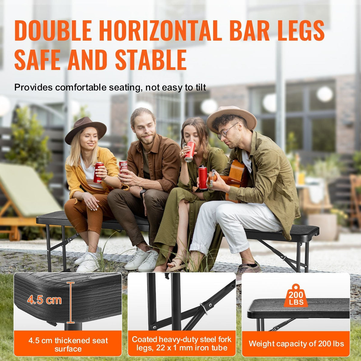 Plastic Folding Bench, 6 ft Portable Bench for Indoor/Outdoor Picnic Party Patio Camping Dining, Foldable Smooth HDPE Seat for Garden Soccer Multipurpose Entertaining Activities, 1 Pack, Black