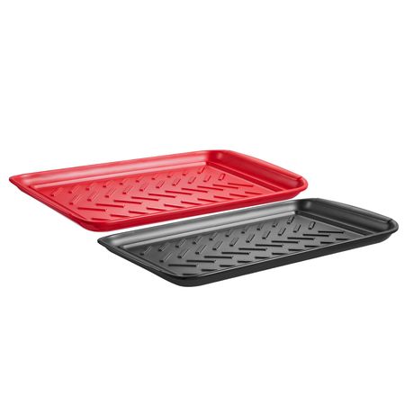 Plastic Serving Trays, 2-Pack Grilling Prep and Serve Trays with Handles , 17x10.35 Inch Anti-Slip Melamine Food Tray, Ideal for BBQ, Kitchen, Cafeteria, Ottoman, Coffee Table, Black and Red
