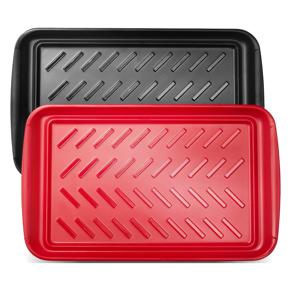 Plastic Serving Trays, 2-Pack Grilling Prep and Serve Trays with Handles , 17x10.35 Inch Anti-Slip Melamine Food Tray, Ideal for BBQ, Kitchen, Cafeteria, Ottoman, Coffee Table, Black and Red