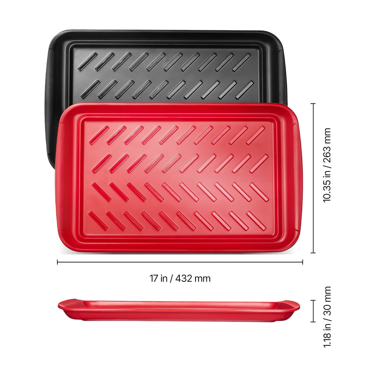 Plastic Serving Trays, 2-Pack Grilling Prep and Serve Trays with Handles , 17x10.35 Inch Anti-Slip Melamine Food Tray, Ideal for BBQ, Kitchen, Cafeteria, Ottoman, Coffee Table, Black and Red