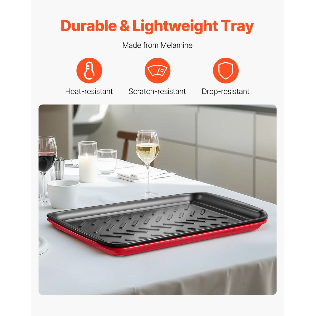 Plastic Serving Trays, 2-Pack Grilling Prep and Serve Trays with Handles , 17x10.35 Inch Anti-Slip Melamine Food Tray, Ideal for BBQ, Kitchen, Cafeteria, Ottoman, Coffee Table, Black and Red