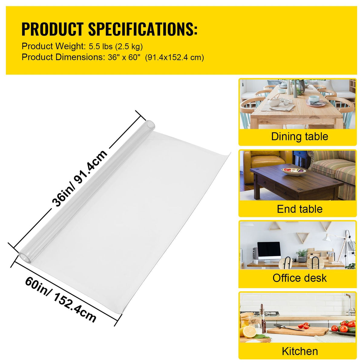 Plastic Table Cover 36 x 60 Inch, 1.5 mm Thick Clear Table Protector, Rectangle Clear Desk Mat, Waterproof & Easy Cleaning for Office Dresser Night Stand
