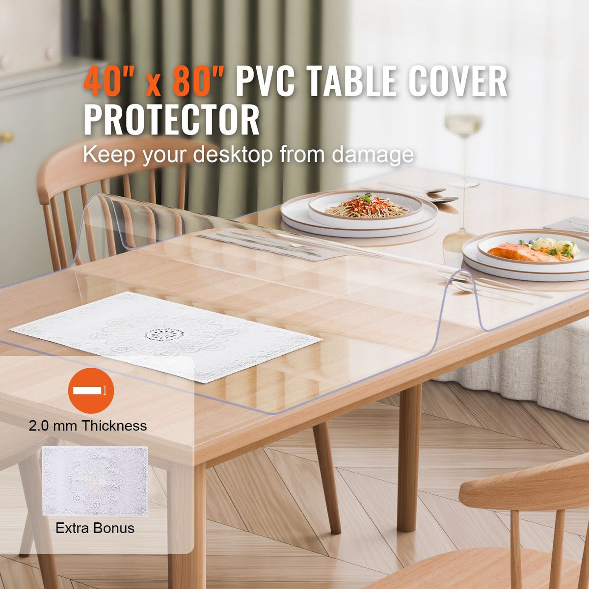 Plastic Table Cover, 40 x 80 Inch 2.0 mm Thick Clear Table Protector, Rectangle PVC Desk Mat, Waterproof & Easy Cleaning Desk Pad Tablecloth, for Office Dresser Dining Room Table Night Stand