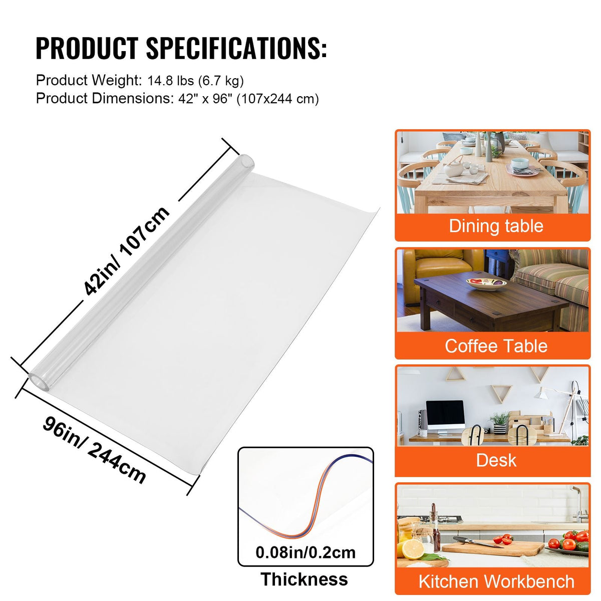 Plastic Table Cover, 42"x96"x0.08", Transparent PVC Table Protector, Rectangle Clear Desk Mat, Water Oil Proof Table Cover for Dining Table Coffer Table Kitchen Worktable Dresser Cabinet, etc.