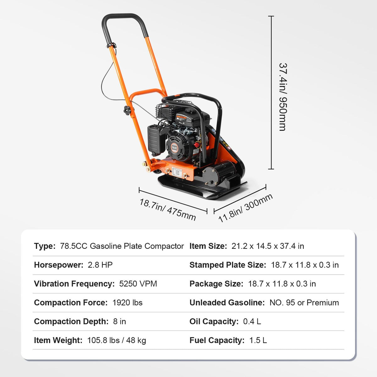 Plate Compactor, 2.8 HP 98CC Gas Engine 5,250 RPM, 1,920 lbs Force Vibratory Compaction Tamper with 18.7 x 11.8 inch Plate for Walkways, Patios, Asphalts, Paver Landscaping, EPA Compliant