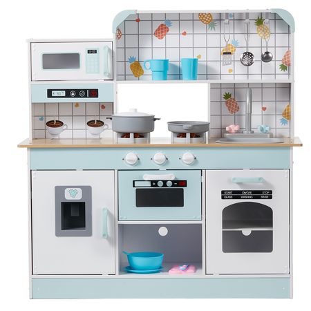 Play Kitchen for Kids, Wooden Toy Kitchen Set with Lights and Sounds, Toddler Kitchen with Ice Maker, Oven, Sink, Microwaves, Fridge and Utensil and Fruit Accessory for Toddlers ages 3-8, White
