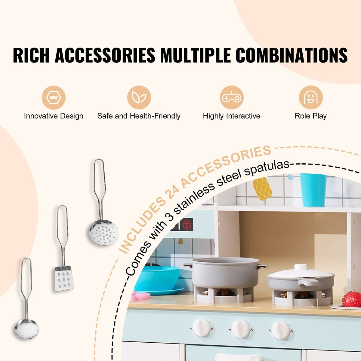 Play Kitchen for Kids, Wooden Toy Kitchen Set with Lights and Sounds, Toddler Kitchen with Ice Maker, Oven, Sink, Microwaves, Fridge and Utensil and Fruit Accessory for Toddlers ages 3-8, White