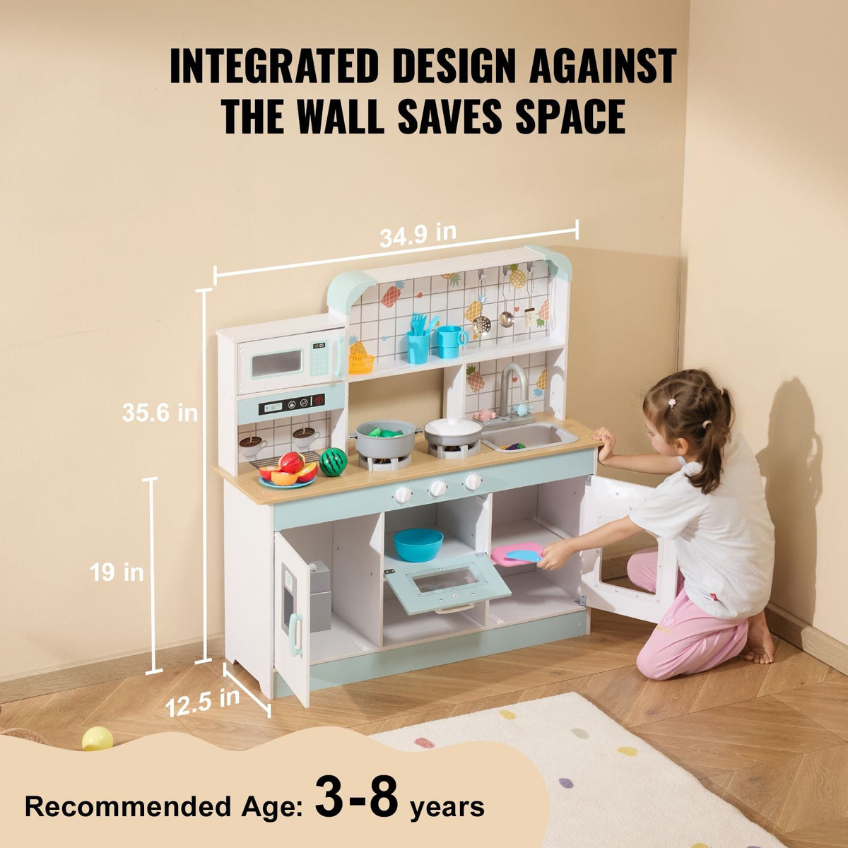 Play Kitchen for Kids, Wooden Toy Kitchen Set with Lights and Sounds, Toddler Kitchen with Ice Maker, Oven, Sink, Microwaves, Fridge and Utensil and Fruit Accessory for Toddlers ages 3-8, White