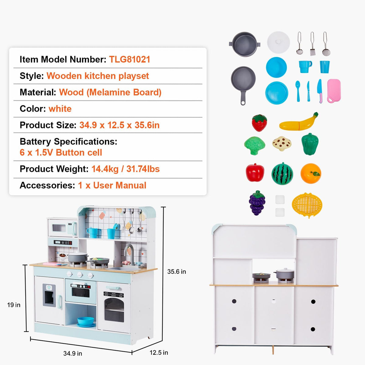 Play Kitchen for Kids, Wooden Toy Kitchen Set with Lights and Sounds, Toddler Kitchen with Ice Maker, Oven, Sink, Microwaves, Fridge and Utensil and Fruit Accessory for Toddlers ages 3-8, White