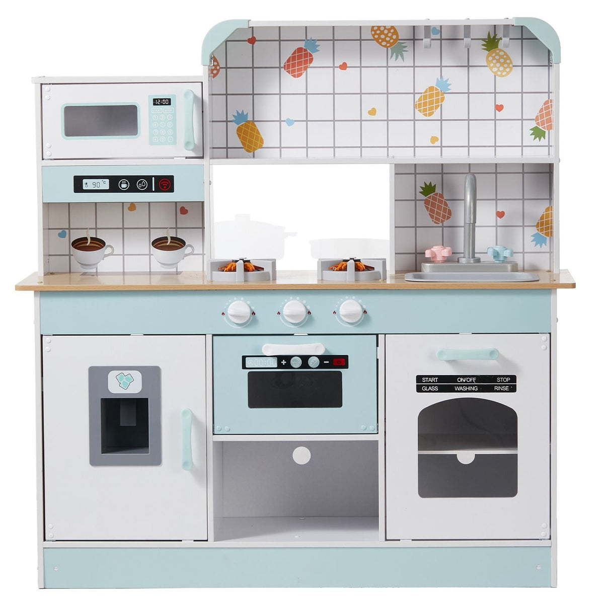Play Kitchen for Kids, Wooden Toy Kitchen Set with Lights and Sounds, Toddler Kitchen with Ice Maker, Oven, Sink, Microwaves, Fridge and Utensil and Fruit Accessory for Toddlers ages 3-8, White