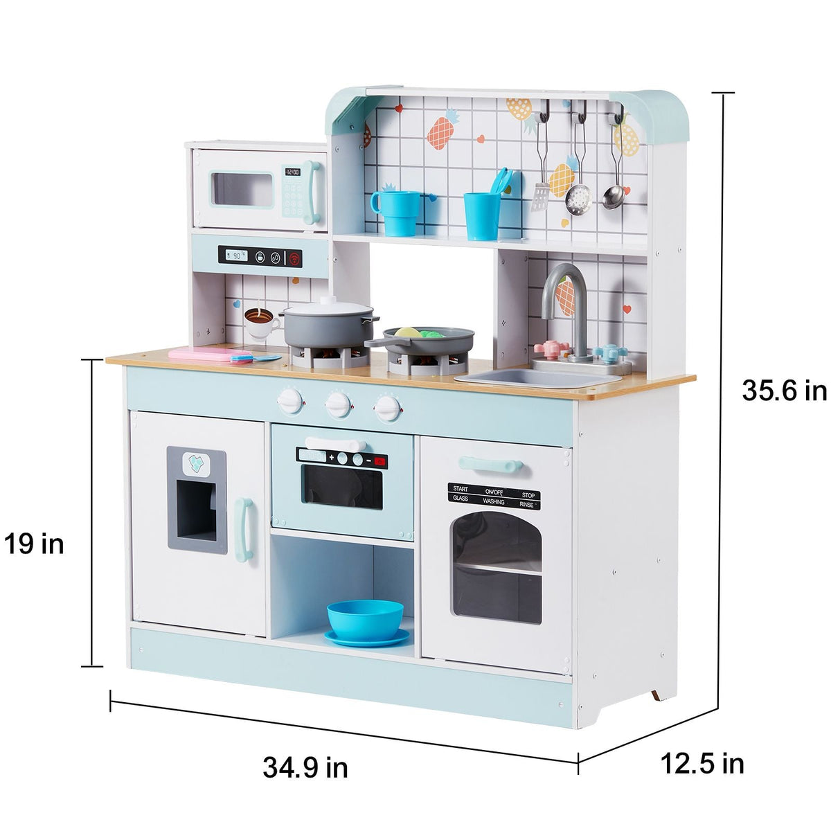 Play Kitchen for Kids, Wooden Toy Kitchen Set with Lights and Sounds, Toddler Kitchen with Ice Maker, Oven, Sink, Microwaves, Fridge and Utensil and Fruit Accessory for Toddlers ages 3-8, White