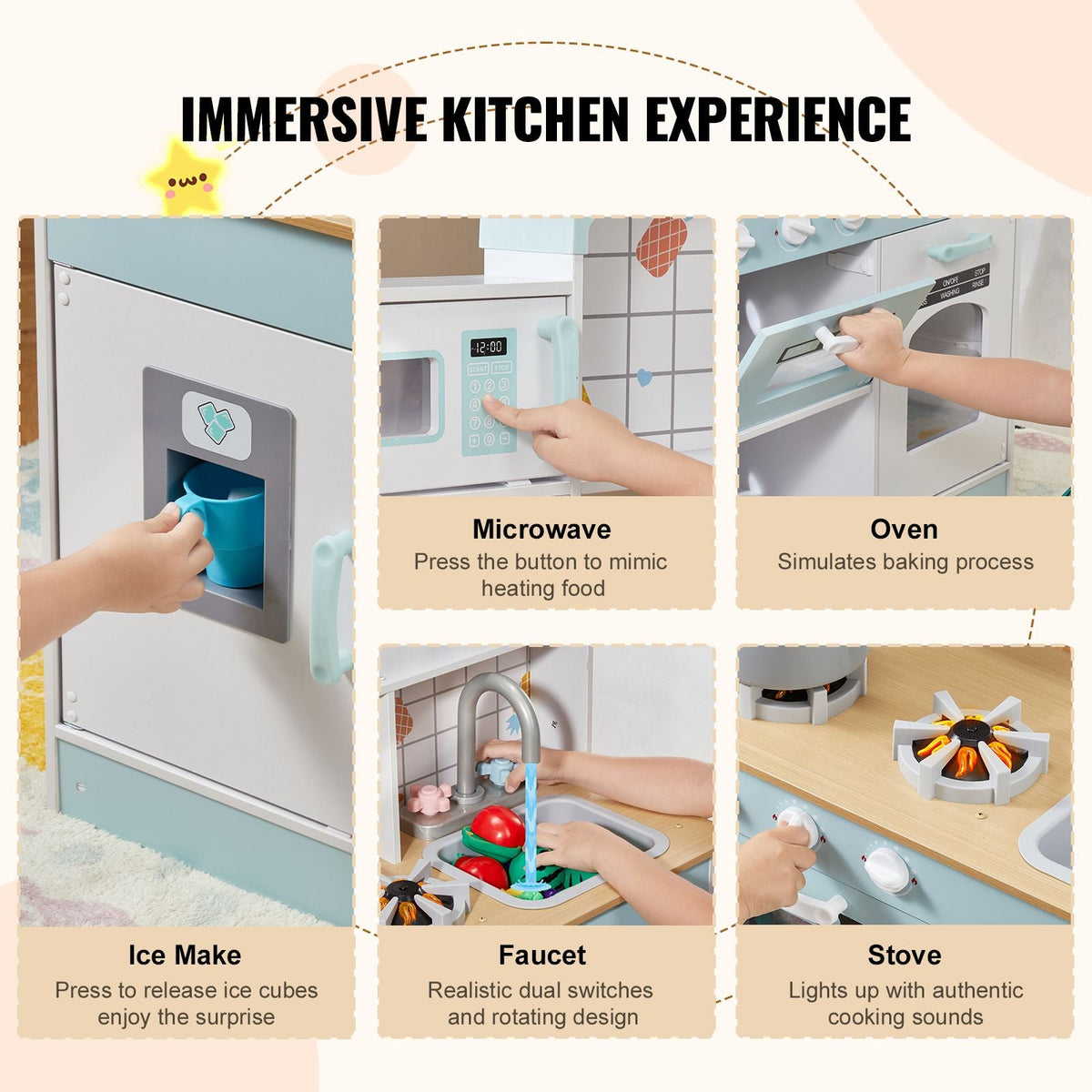 Play Kitchen for Kids, Wooden Toy Kitchen Set with Lights and Sounds, Toddler Kitchen with Ice Maker, Oven, Sink, Microwaves, Fridge and Utensil and Fruit Accessory for Toddlers ages 3-8, White