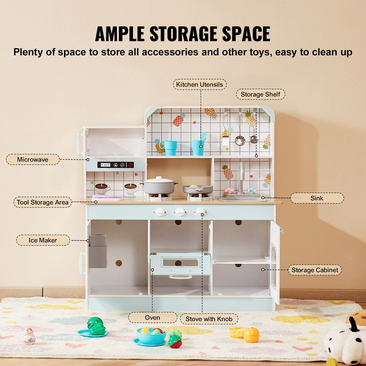 Play Kitchen for Kids, Wooden Toy Kitchen Set with Lights and Sounds, Toddler Kitchen with Ice Maker, Oven, Sink, Microwaves, Fridge and Utensil and Fruit Accessory for Toddlers ages 3-8, White