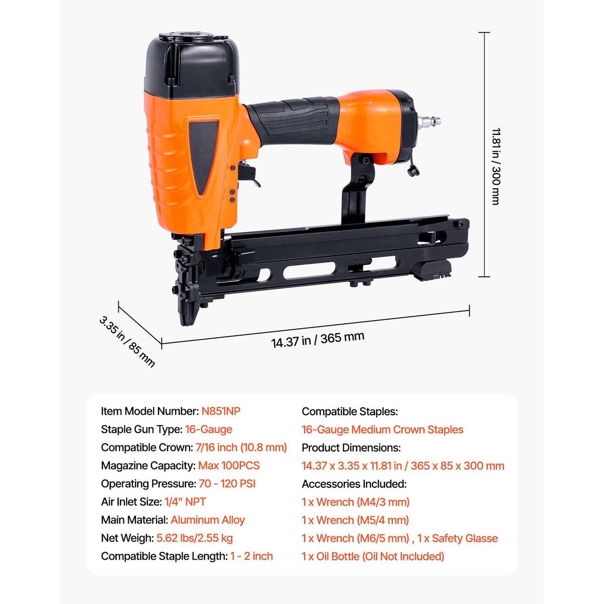 Pneumatic Staple Gun, 16 Gauge 7/16-inch Medium Crown Pneumatic Stapler 1" to 2" Length, 70-120PSI Heavy Duty Air-Powered Staple Gun for Roof Decking, Wall Sheathing, Fencing and Subflooring
