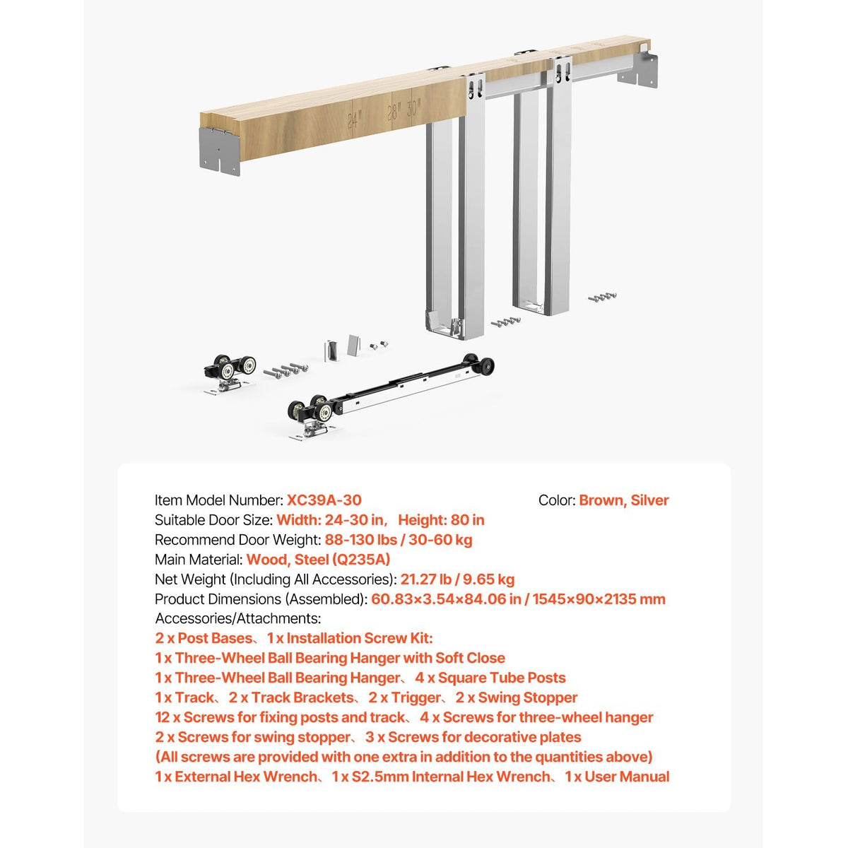Pocket Door Frame Kit, for 24-30 in Wide 80 in High Door, Pocket Door Kit with Two-Way Soft Close Mechanism, Slide Smoothly Quietly, Easy to Install, Premium Galvanized Steel, for Living Room