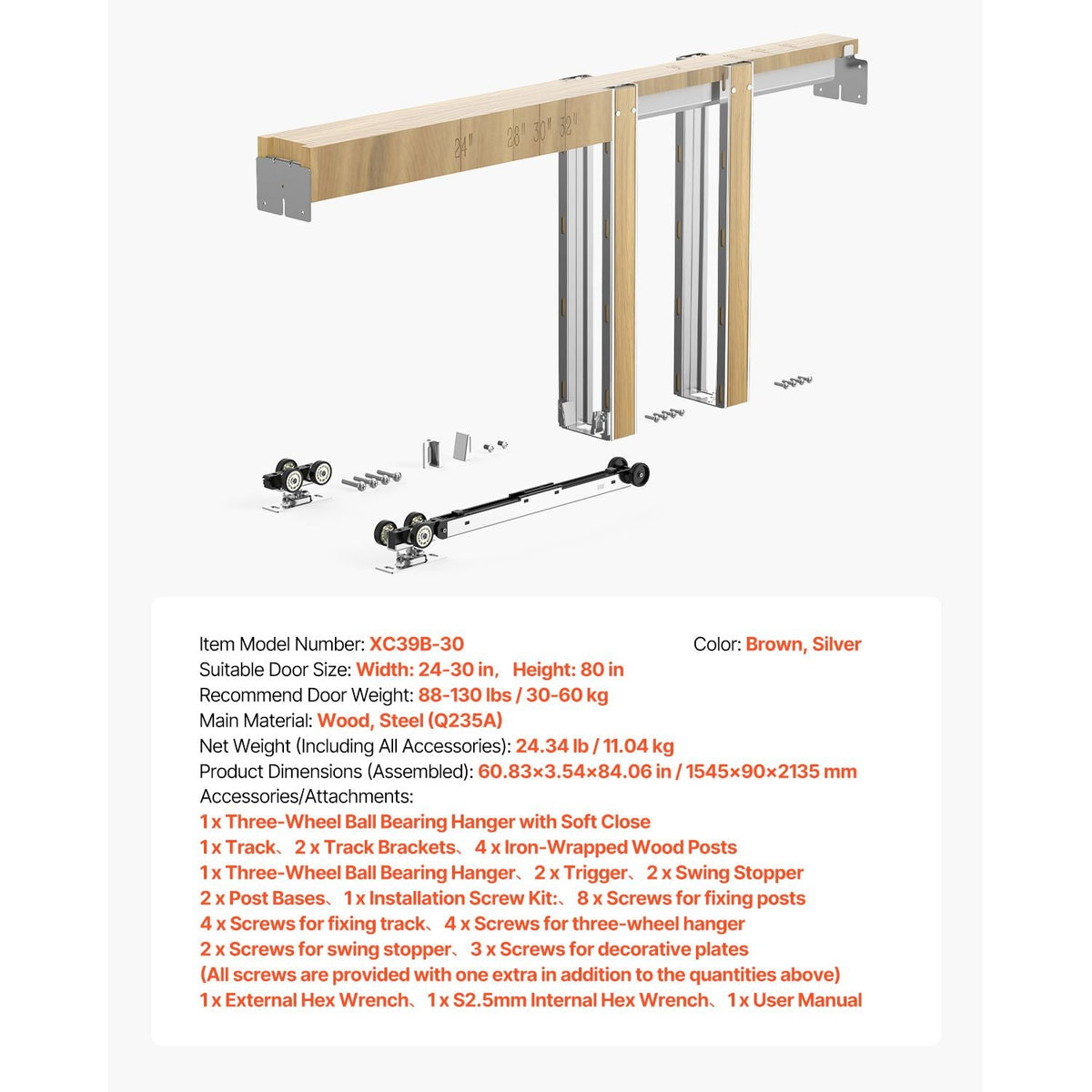 Pocket Door Frame Kit, for 24-30 in Wide 80 in High Door, Pocket Door Kit with Two-Way Soft Close Mechanism, Slide Smoothly Quietly, Easy to Install, Wood and Galvanized Steel, for Living Room