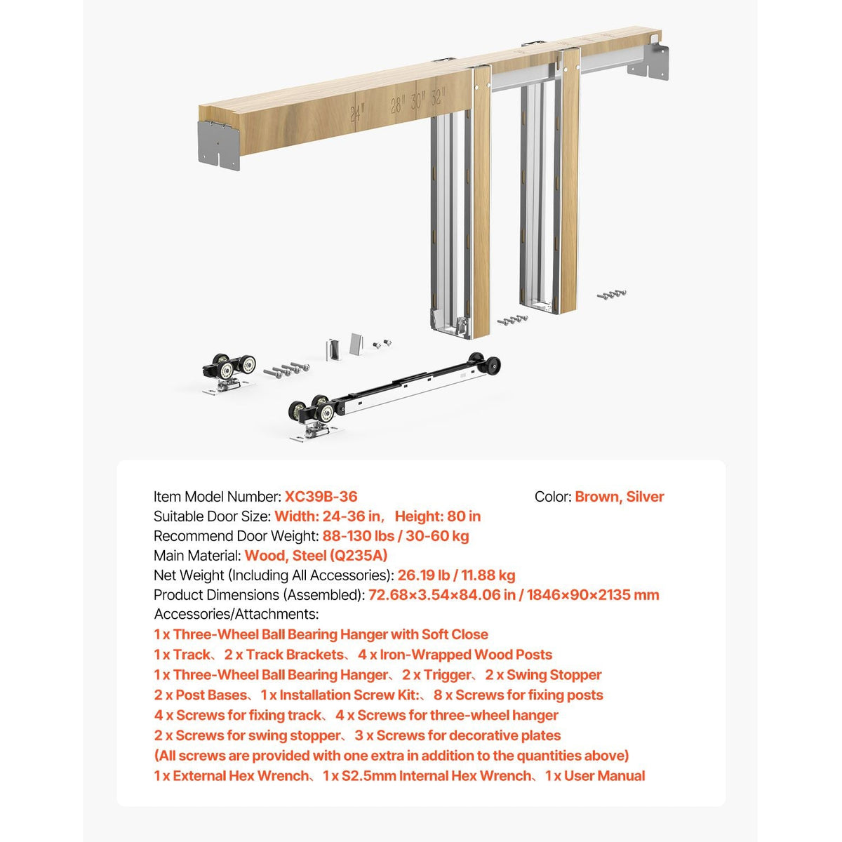 Pocket Door Frame Kit, for 24-36 in Wide 80 in High Door, Pocket Door Kit with Two-Way Soft Close Mechanism, Slide Smoothly Quietly, Easy to Install, Wood and Galvanized Steel, for Living Room