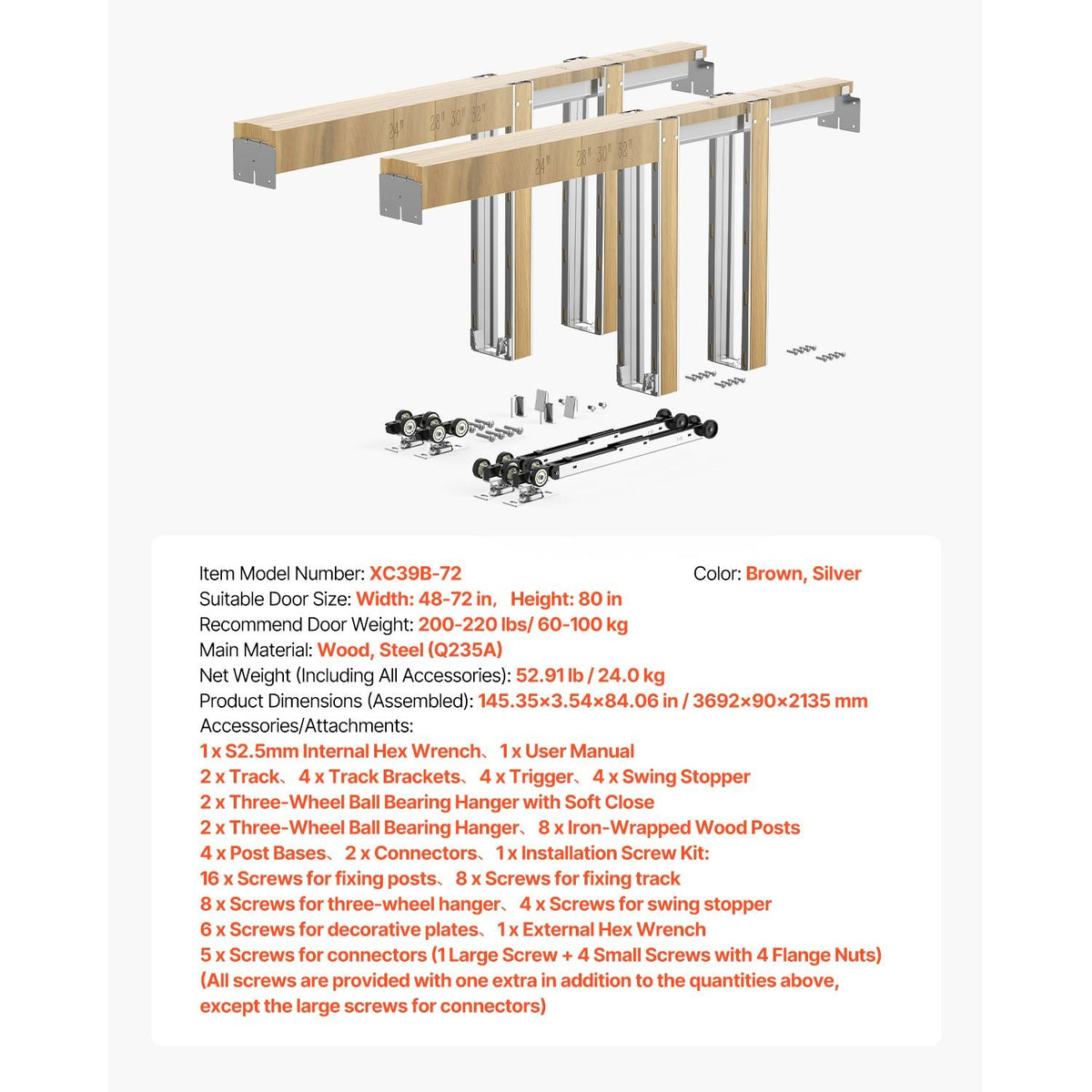 Pocket Door Frame Kit, for 48-72 in Wide 80 in High Door, Pocket Door Kit with Two-Way Soft Close Mechanism, Slide Smoothly Quietly, Easy to Install, Wood and Galvanized Steel, for Living Room