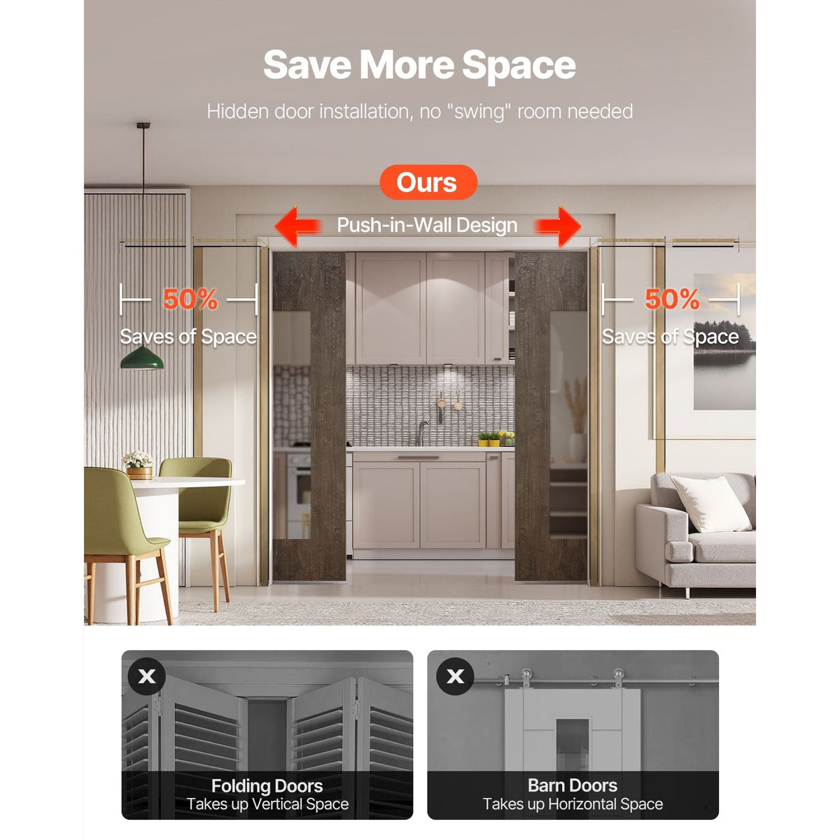 Pocket Door Frame Kit, for 48-72 in Wide 80 in High Door, Pocket Door Kit with Two-Way Soft Close Mechanism, Slide Smoothly Quietly, Easy to Install, Wood and Galvanized Steel, for Living Room