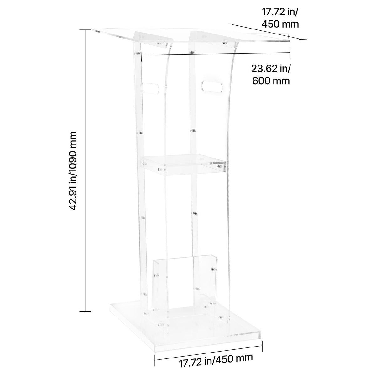 Podium Stand, 43-Inch Acrylic Lectern, Portable Laptop Desk with Wide Reading Surface and Storage Shelf, Book Stopper, Floor-Standing, for Classroom, Wedding, Conference, Lecture and Concert
