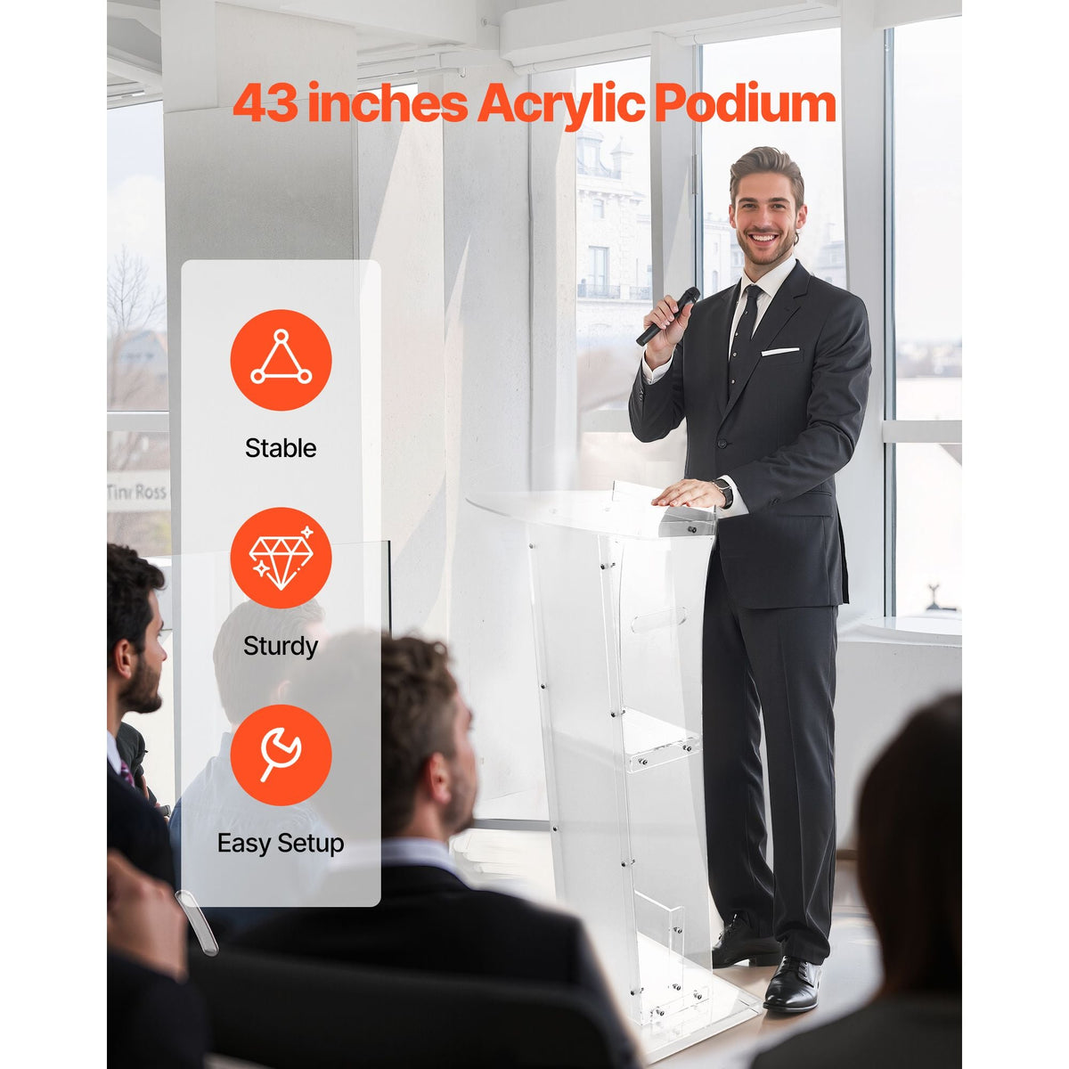 Podium Stand, 43-Inch Acrylic Lectern, Portable Laptop Desk with Wide Reading Surface and Storage Shelf, Book Stopper, Floor-Standing, for Classroom, Wedding, Conference, Lecture and Concert