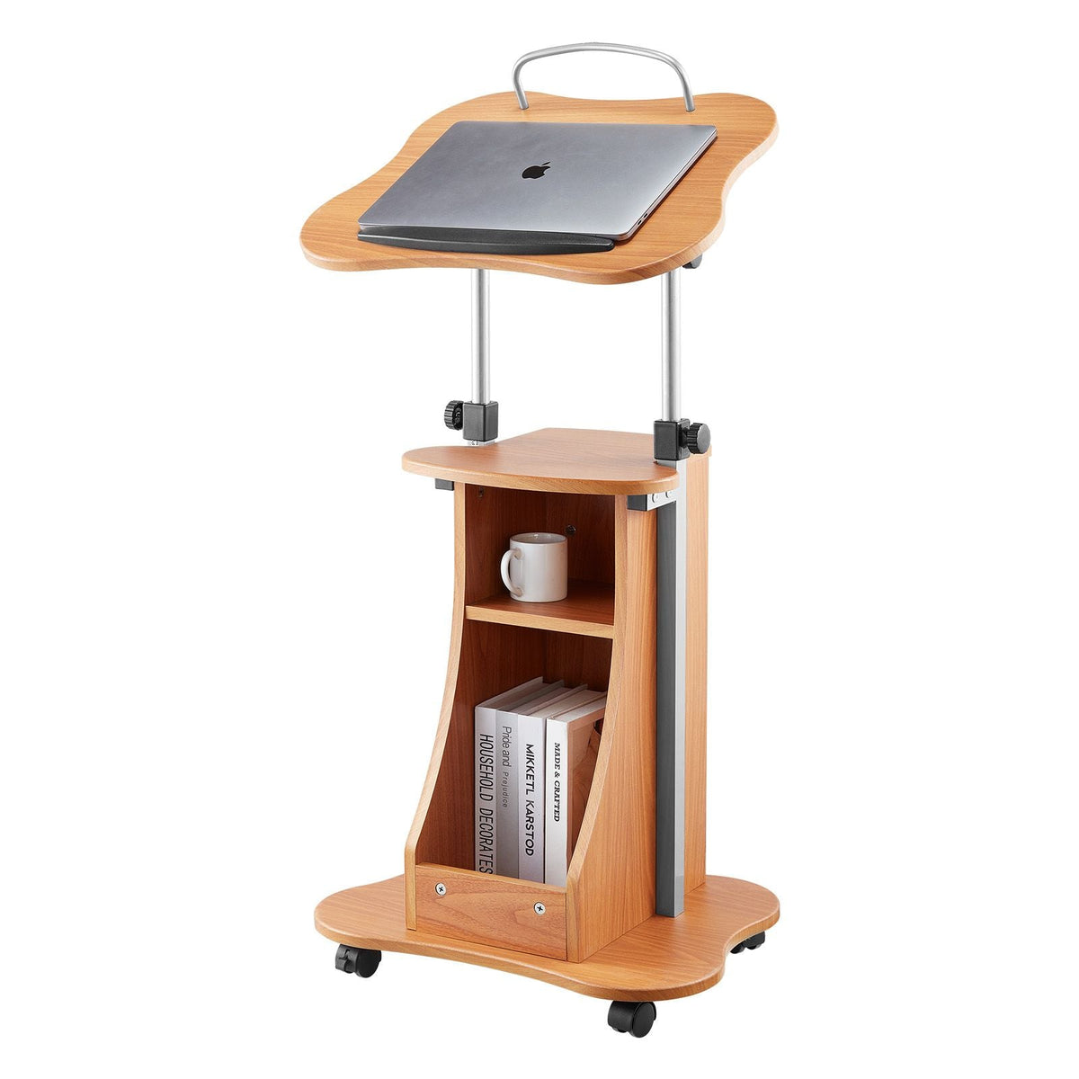 Podium Stand, 43-Inch Wooden Lectern, Portable Laptop Desk with Lockable Wheels, Wide Reading Surface and Open Storage Area, Adjustable Height and Angle, for Speeches, Lectures, or Presentations