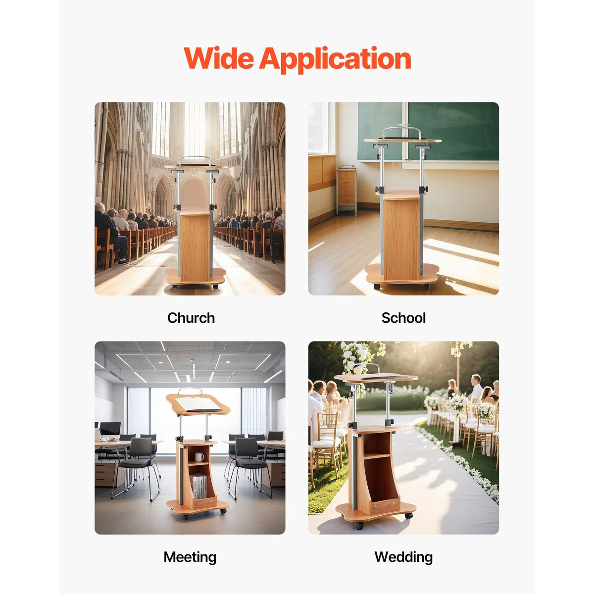 Podium Stand, 43-Inch Wooden Lectern, Portable Laptop Desk with Lockable Wheels, Wide Reading Surface and Open Storage Area, Adjustable Height and Angle, for Speeches, Lectures, or Presentations