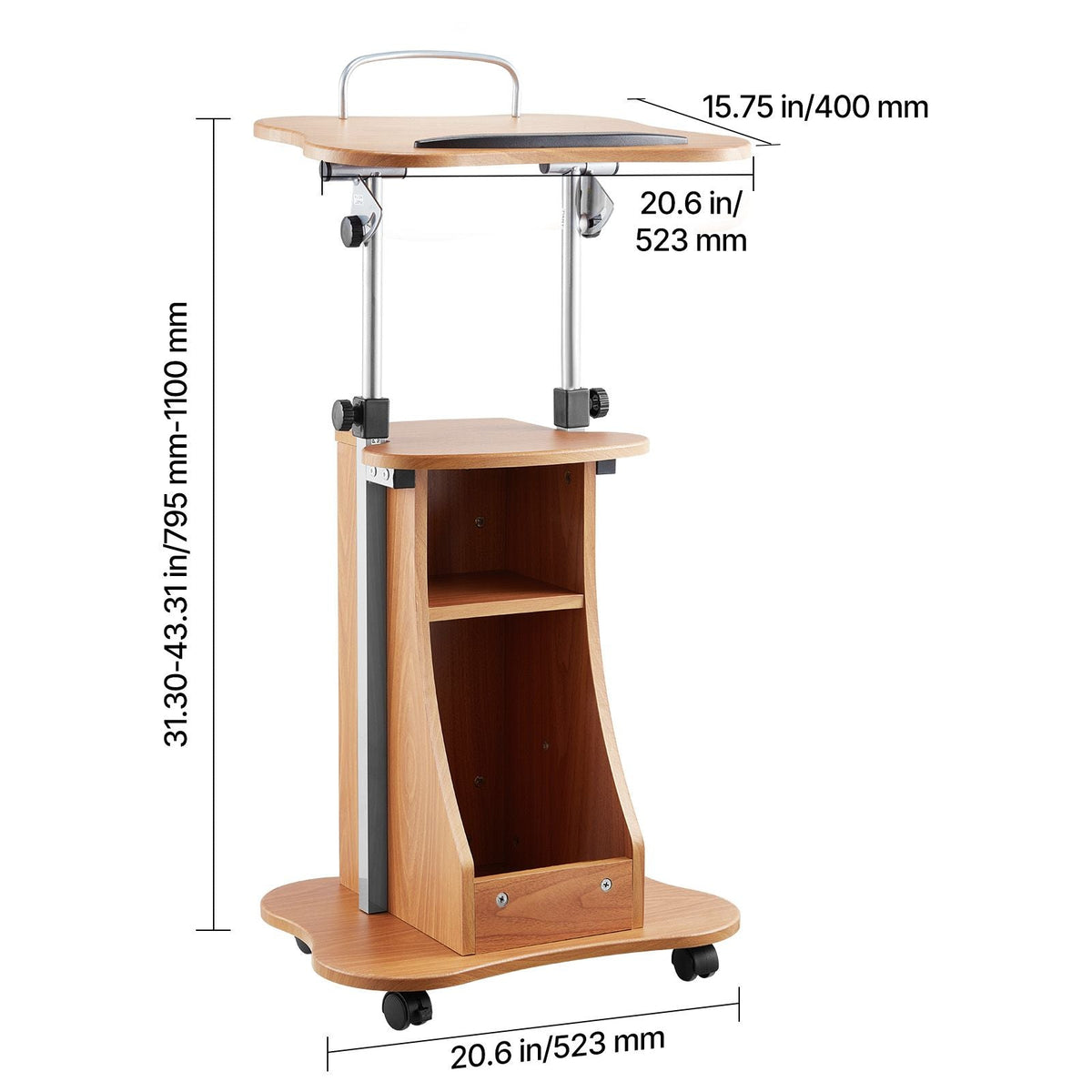 Podium Stand, 43-Inch Wooden Lectern, Portable Laptop Desk with Lockable Wheels, Wide Reading Surface and Open Storage Area, Adjustable Height and Angle, for Speeches, Lectures, or Presentations
