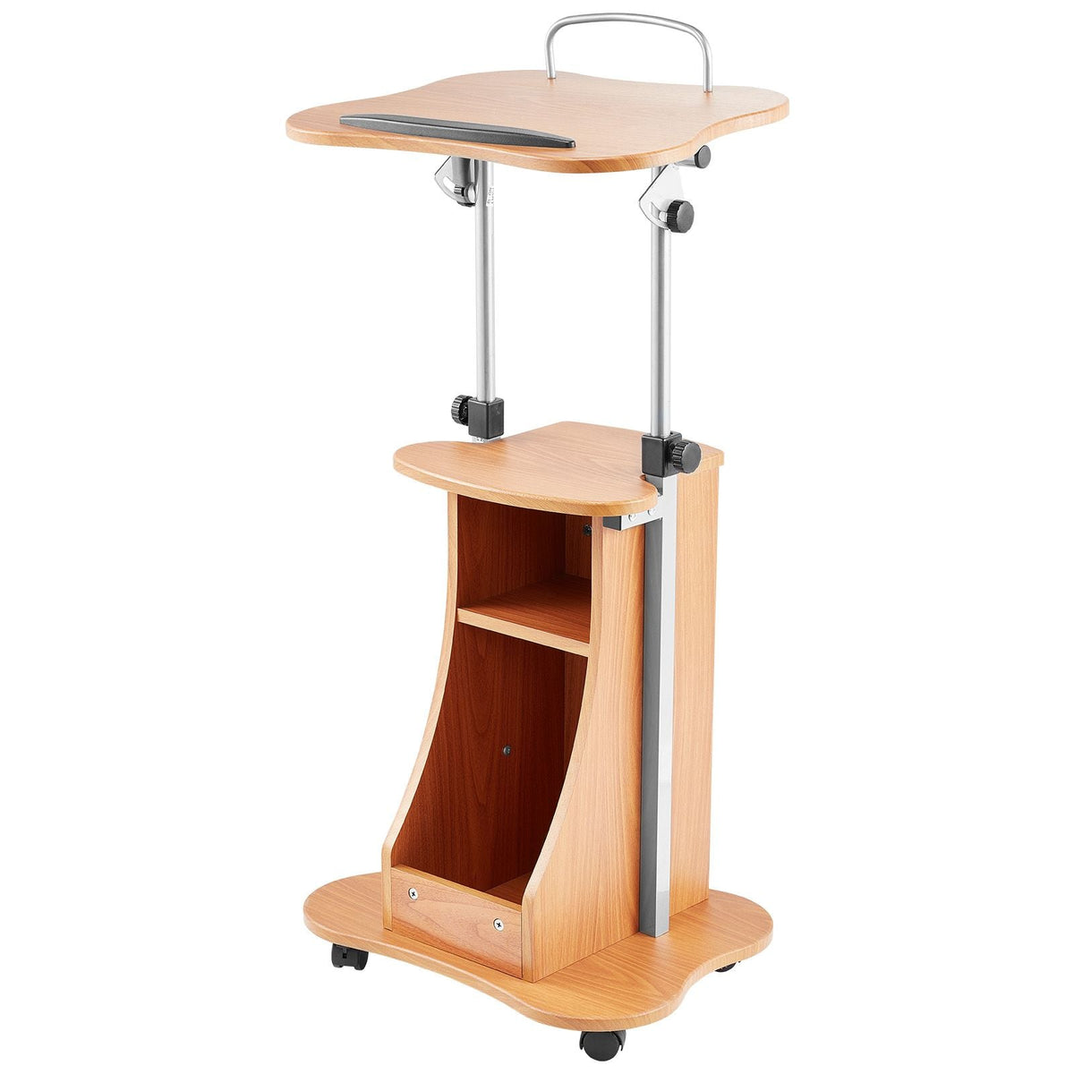 Podium Stand, 43-Inch Wooden Lectern, Portable Laptop Desk with Lockable Wheels, Wide Reading Surface and Open Storage Area, Adjustable Height and Angle, for Speeches, Lectures, or Presentations