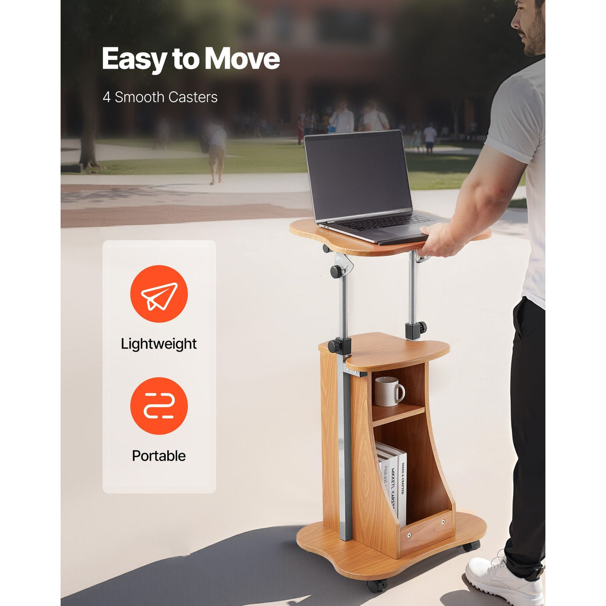 Podium Stand, 43-Inch Wooden Lectern, Portable Laptop Desk with Lockable Wheels, Wide Reading Surface and Open Storage Area, Adjustable Height and Angle, for Speeches, Lectures, or Presentations