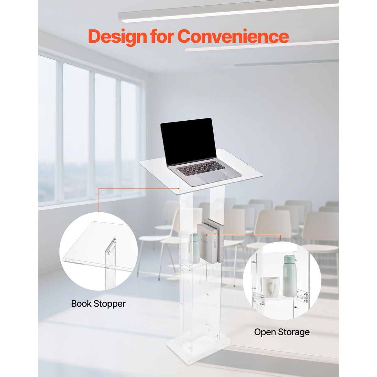 Podium Stand, 50-Inch Acrylic Lectern, Portable Laptop Desk with Wide Reading Surface and Storage Shelf, Book Stopper, Floor-Standing, for Classroom, Wedding, Conference, Lecture and Concert